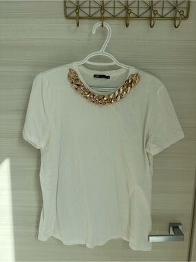 Zara White Tee with Gold Chain Neckline